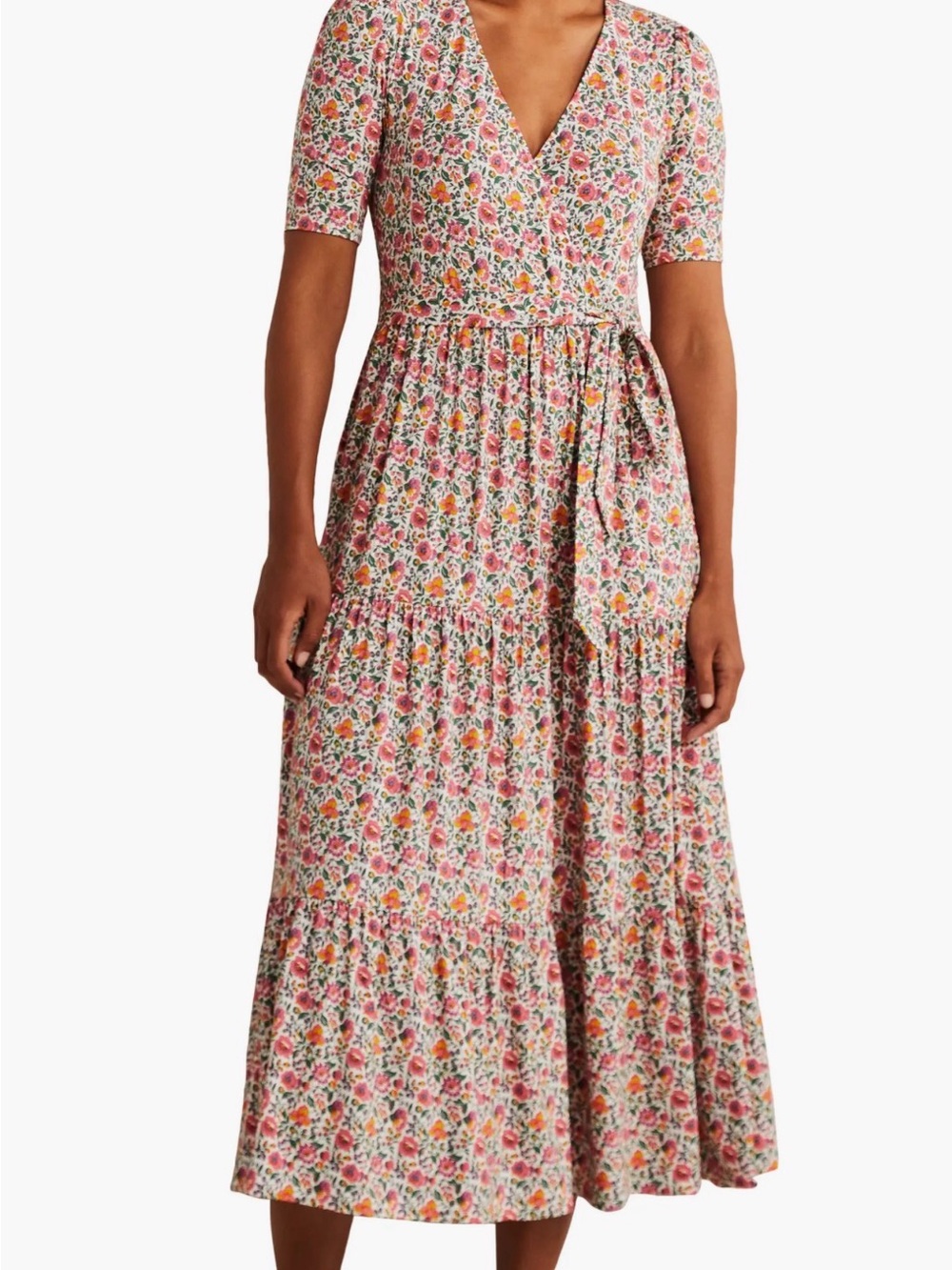 Boden Floral Midi Dress Pink Cottagecore Short Sleeve Size 4P Petite
